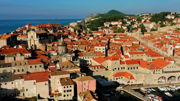 Drone over the city wall and Dubrovnik Old Town.