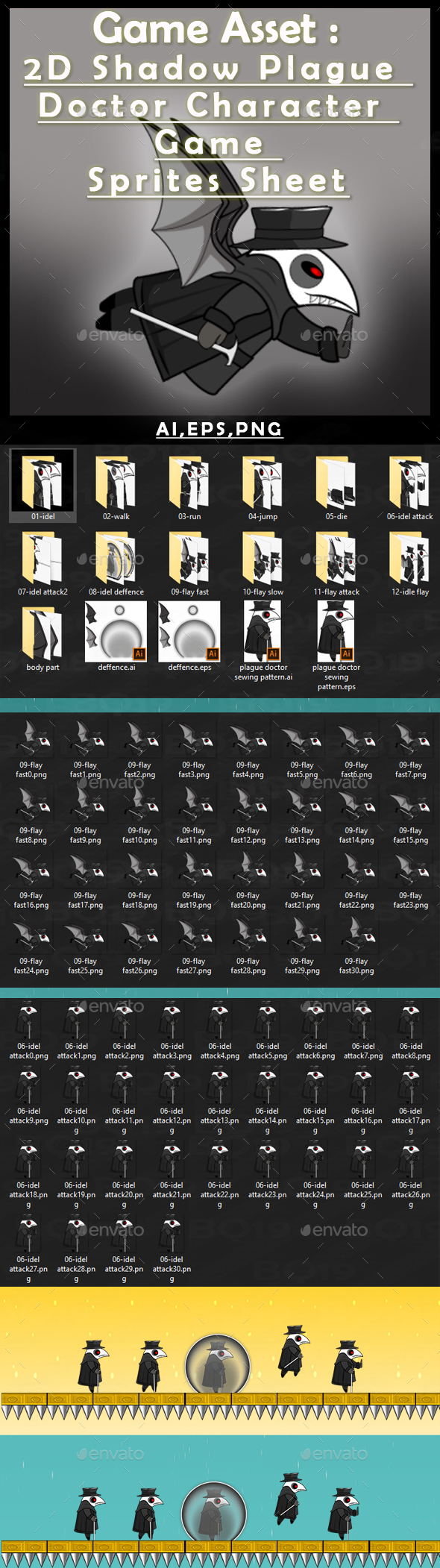 Game Asset :2D Shadow Plague Doctor Character Game Sprites Sheet