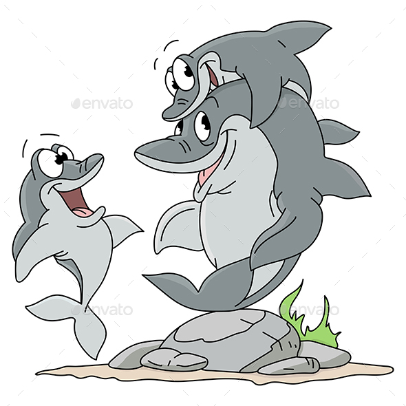 Cartoon Family of Dolphins Having Fun Underwater