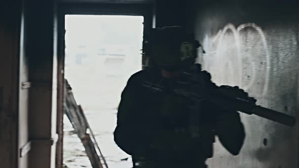 Soldier in Combat. Urban Combat Training, Soldier Entering Abandoned Building. Anti Terrorist