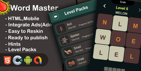 Word Master - Brain Puzzle (Html+Mobile+Construct 3)