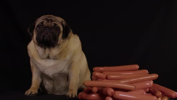 Close Up of Cute Pug Sitting with Pile of Sausages on Black Background