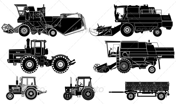 Vector Agricultural Vehicles Silhouettes Set