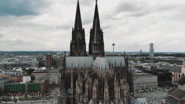 4k drone footage approaching the historical, gothic, Cologne Cathedral building of Cologne, Germany.