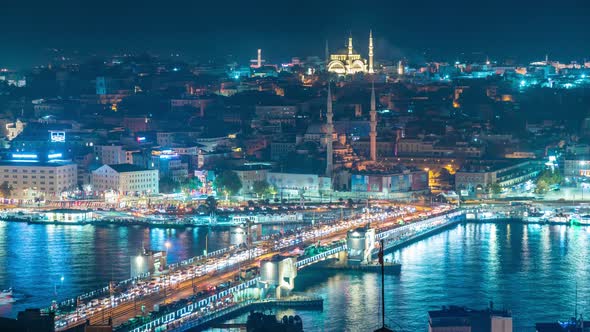 Timelapse Night View of Galata Bridge and Tower in Istanbul Turkey