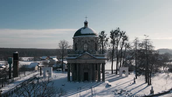 Aerial View of the Historic Old Church at Sunny Winter Day