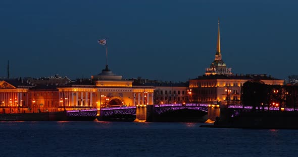 Russia SaintPetersburg in Dusk Landmarks of City in Night Illumination Rostral Columns Palace Bridge