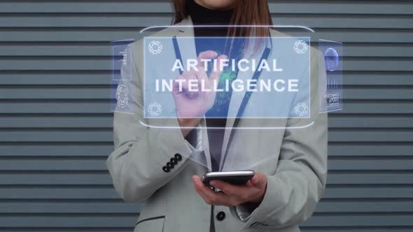Business Woman Interacts HUD Hologram Artificial Intelligence