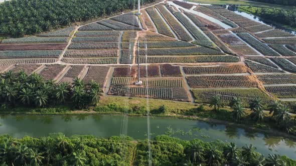 Drone view electric tower in the farm