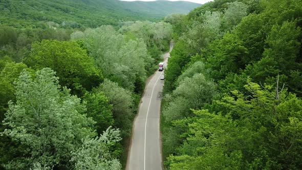 Aerial Top Down  View of White Car Driving on Rural Road in Forest