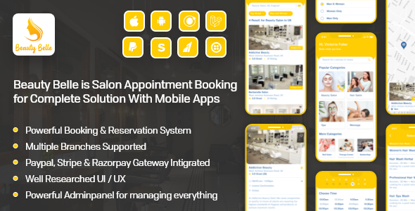 Salon & Spa Appointment Booking App For Android – iOS App with admin panel – Beauty Belle