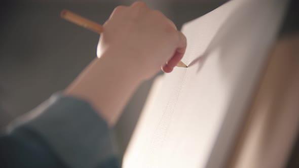 A Hand of Young Woman Sketching a Tree on the Canvas