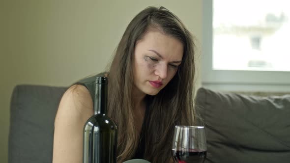 Crying Woman Drinking Alcohol Alone