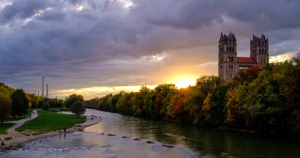 Timelapse of Munich at Dramatic Sunset: Autumn in Park of Famous Tourist Landmark Bavarian City