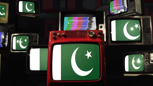 Flags of Pakistan and retro TVs.