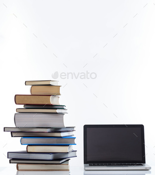 er laptop with black blank screen isolated on white background. Vertical photo, copy space, template.
