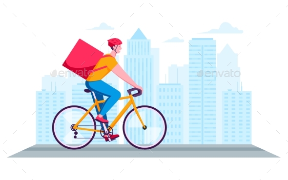 Courier Rides a Bicycle on a City