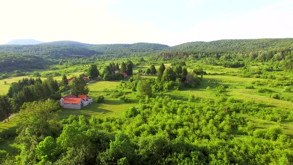 Aerial view of Jesenica river and surrounding in Croatian region Lika.