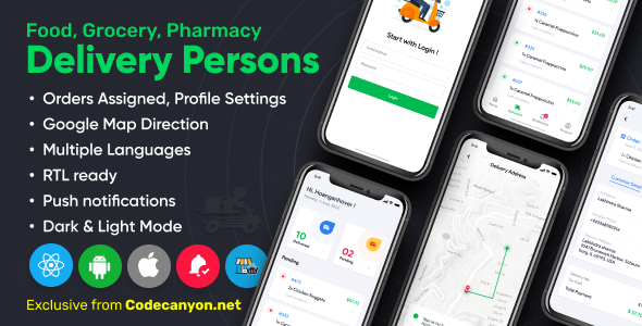 Delivery Person for Food, Grocery, Pharmacy, Stores React Native - Wordpress Woocommerce App