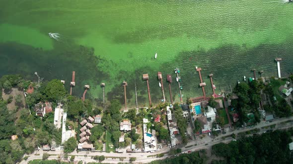 Aerial view of several piers at Bacalar Lagoon in Mexico