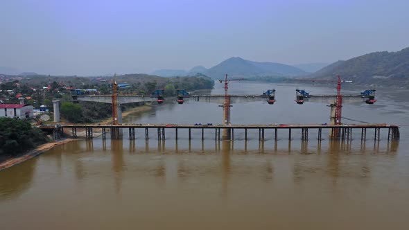 Aerial View Of  Construction Of Laos-China Railways Cross Mekong River
