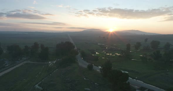 Aerial view of a beautiful landscape at sunrise, Golan Heights, Israel.