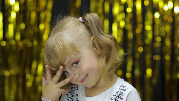 Portrait of Child Smiling Looking at Camera, Little Cute Blonde Kid Teen Teenager Girl 4-5 Years Old