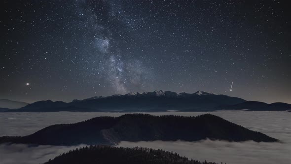 Milky Way Galaxy in Starry Night over Winter Mountains