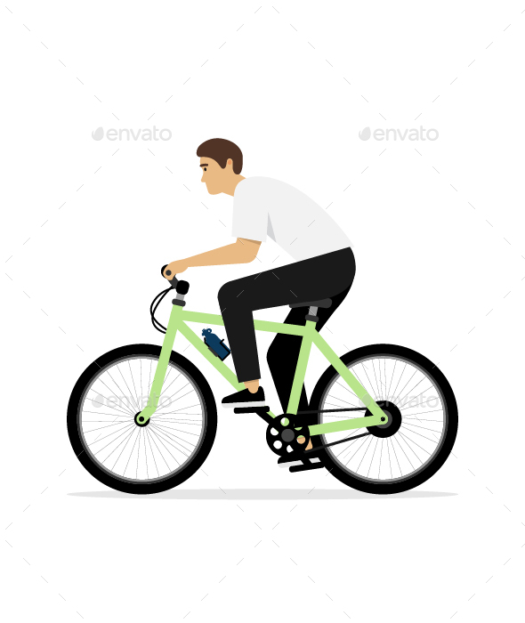 Young Man Rides on Bike Isolated on White Background