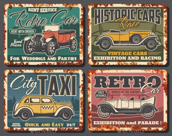 Retro Cars Rent, Taxi Service Rusty Plate Vector