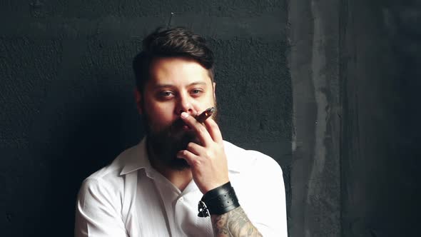 Man smoking cigar. Elegantly dressed man smoking cigar in studio