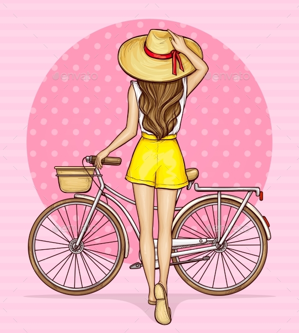 Pop Art Girl Near Bicycle with Basket
