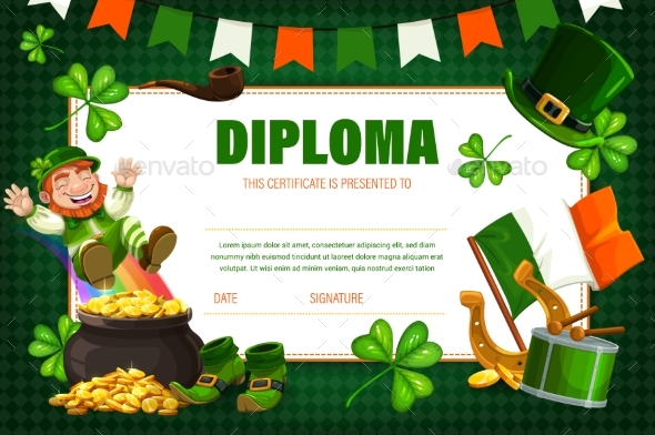 Kids Certificate, Diploma with Irish Leprechaun