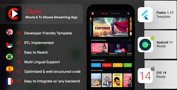 Movies Series Video Streaming Android + Video Streaming iOS App Template| Flutter 2 | Clipix