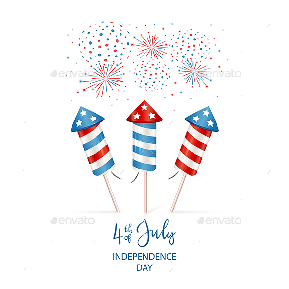 Red and Blue Fireworks on White Background Independence Day