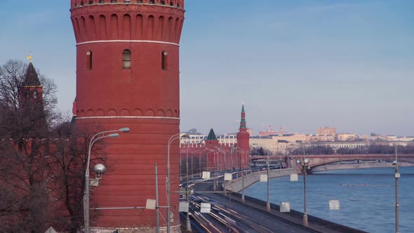 Kremlin Embankment - Moskva River Embankment Near Kremlin. Winter Timelapse Hyperlapse