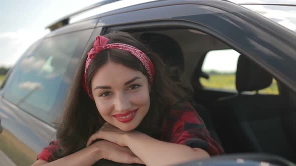 Carefree Girl Enjoying Summer Roadtrip Vacation