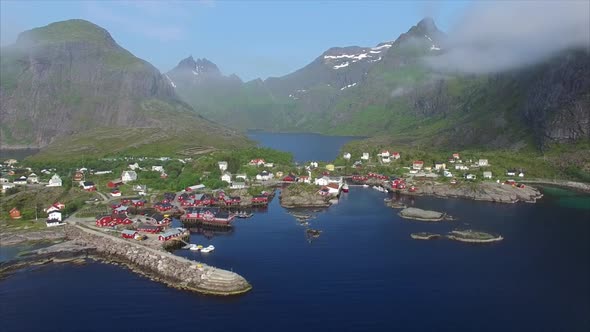 Aerial footage of village on Lofoten islands in Norway.