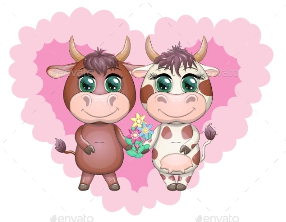 Cartoon Couple of Cow and Bull in Flowers