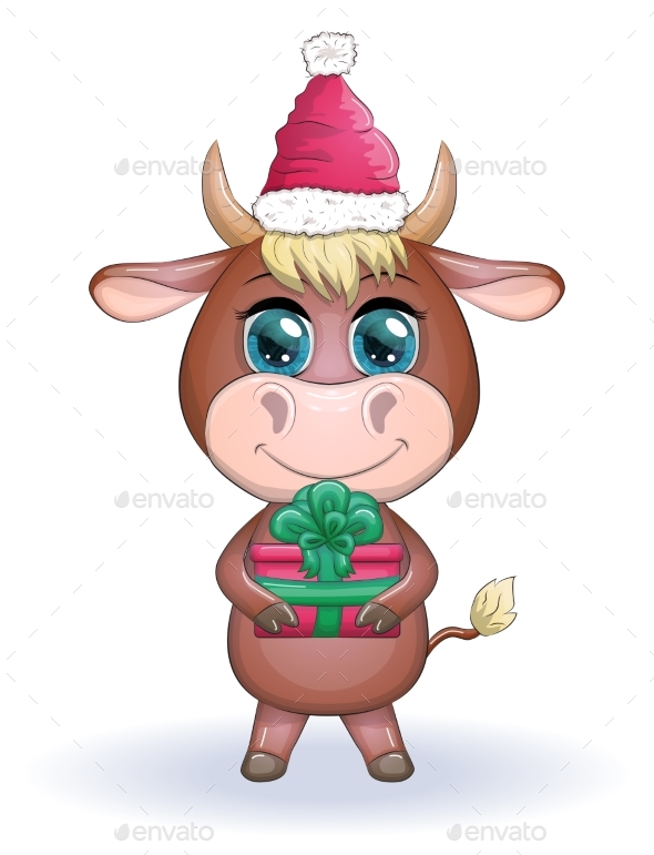 Cartoon Cow with a Christmas Present