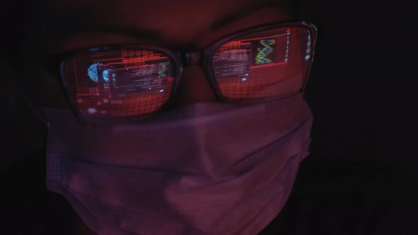 Masked Man in Front of a Computer ,The Reflection in the Glasses