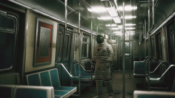 Astronaut Inside of the Old Non-modernized Subway Car in USA