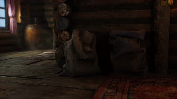 Dark Interior of Retro Log House alt