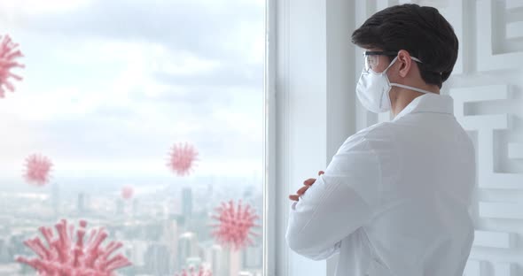 Scentist or Doctor Looking at Covid Viruses Outside Labaratory or Hospital, Scared and Waiting