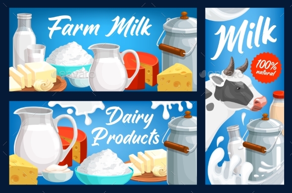 Dairy and Milk Farm Products Vector Banners