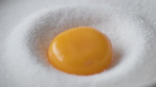 Egg falls on a pile of sugar. Slow Motion.