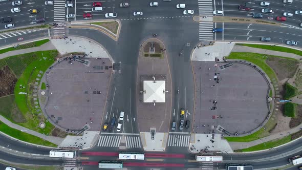 Aerial Drone scene of Obelisk in Buenos Aires, Argentina. 9 de Julio main Avenue.Traffic and people