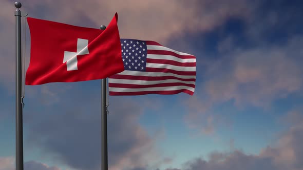 Switzerland Flag Waving Along With The National Flag Of The USA - 4K
