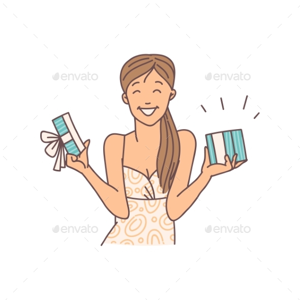 Cheerful Young Girl with Gift Boxes Sketch