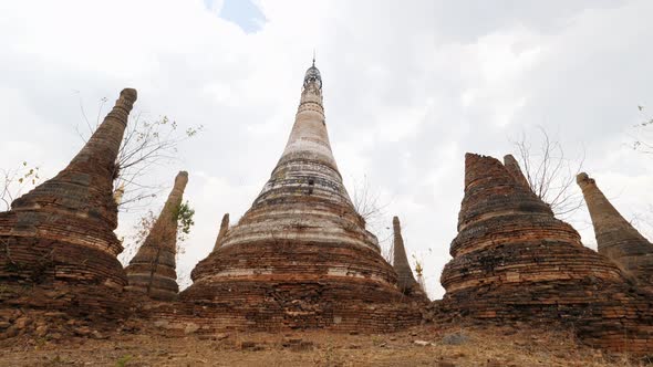 Panorama Of Ancient Burmese Pagodas Near Inle Lake.  Slow Motion Steadycam Footage
